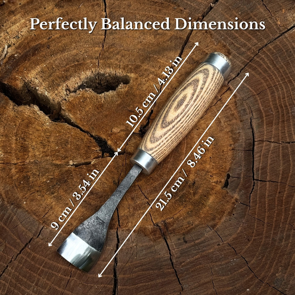 Bent gouge spoon tool by Sharky Forged Steel, 20-45 mm (0.8-1.8 inches), showing the curved, forged steel blade and handle.