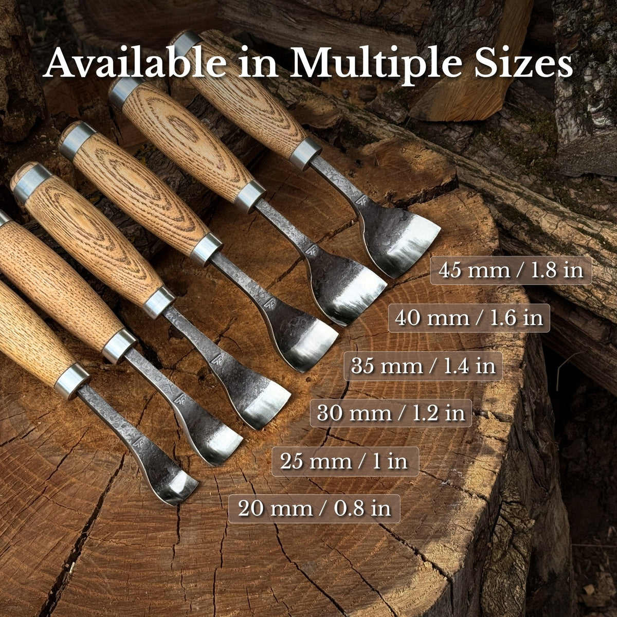 Bent spoon gouge from Sharky Forged Steel Tools, 20-45mm (0.8-1.8 inches), showing the curved blade and sturdy handle.