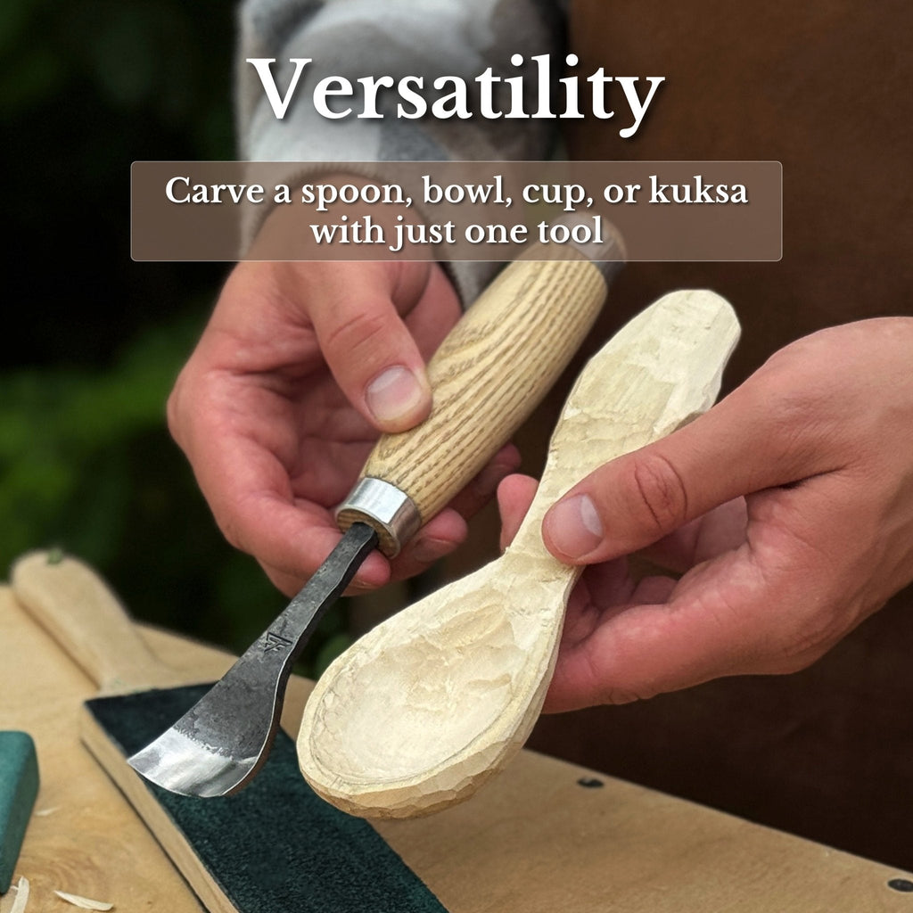 Sharky Forged Steel Tools bent gouge spoon, 20-45mm (0.8-1.8 inches), showing the curved, sharpened edge for woodworking.