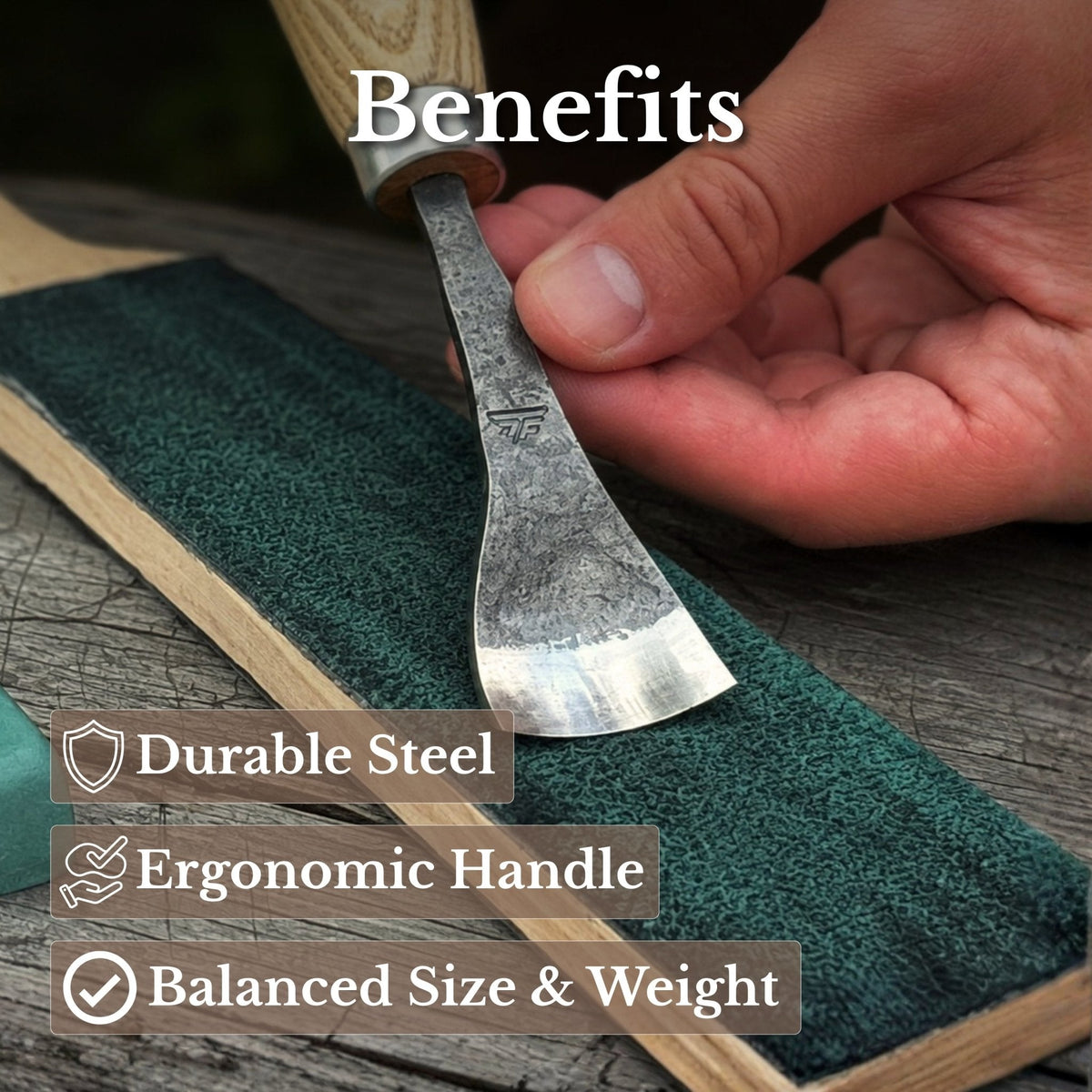 Bent gouge spoon tool by Sharky Forged Steel, 20-45mm (0.8-1.8 inches), with a curved blade for woodworking carving and shaping.