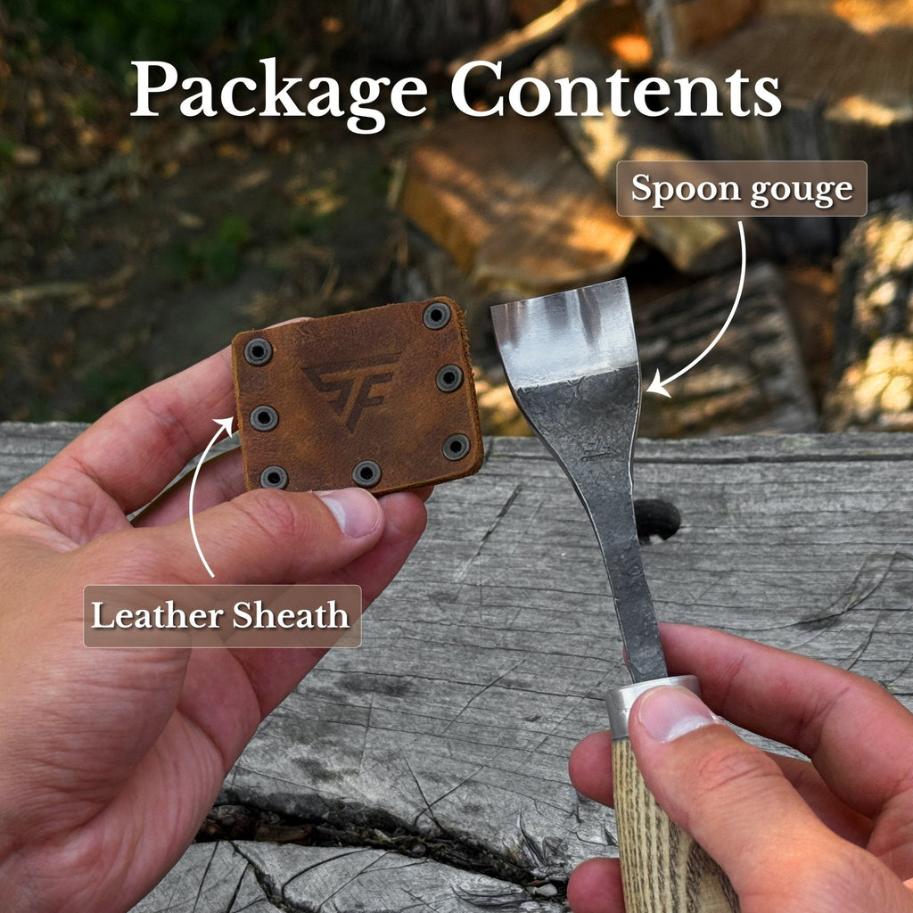 Sharky Forged Steel Tools bent gouge spoon with 20-45 mm (0.8-1.8 inches) blade, showcasing its curved, forged steel design.