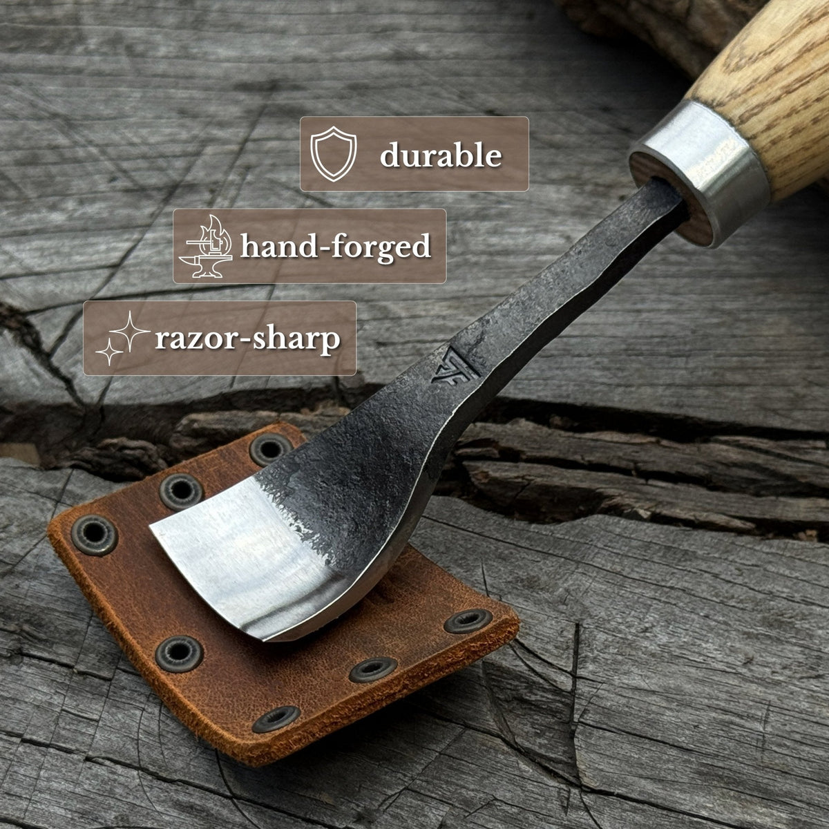Sharky Forged Steel Tools bent gouge spoon with 20-45 mm (0.8-1.8 inches) blade, showing polished steel and ergonomic grip.