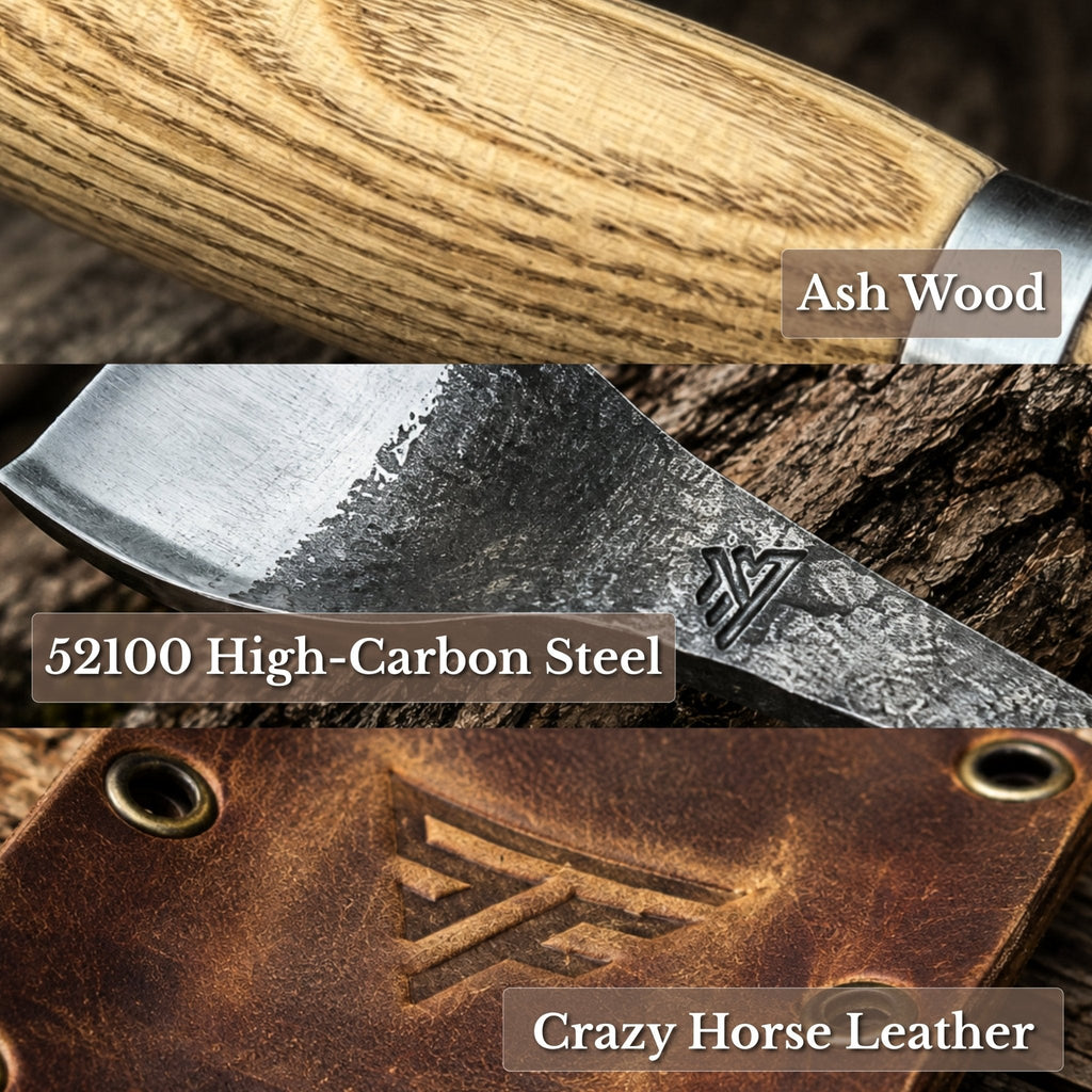Bent gouge spoon tool by Sharky Forged Steel, 20-45 mm, showing the curved, sharpened blade for carving and woodworking.