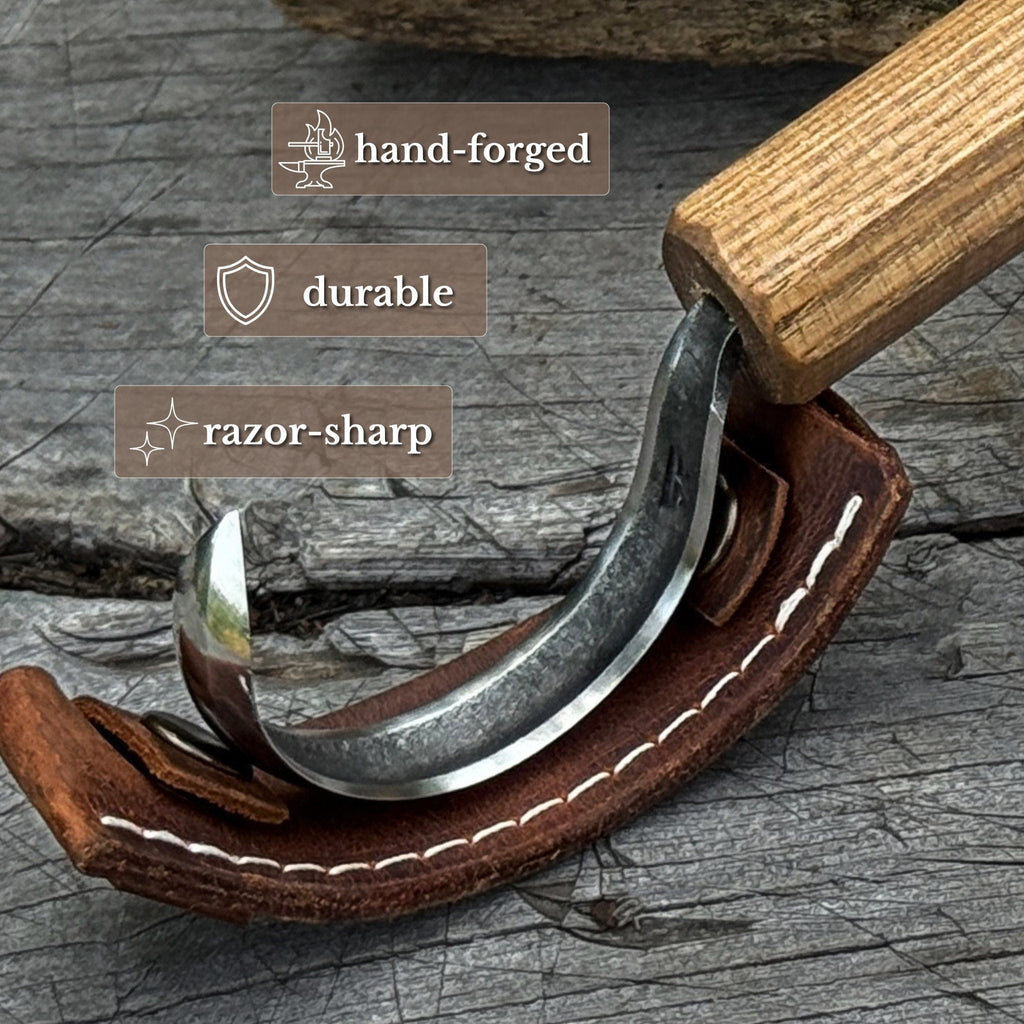 Spoon Carving Hook Knife with wooden handle and leather sheath - Sharky Forged Steel Tools