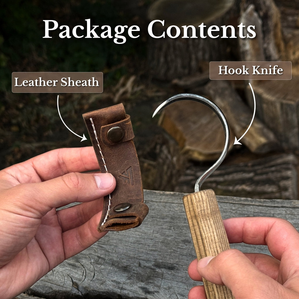 Spoon Carving Hook Knife with wooden handle and leather sheath - Sharky Forged Steel Tools