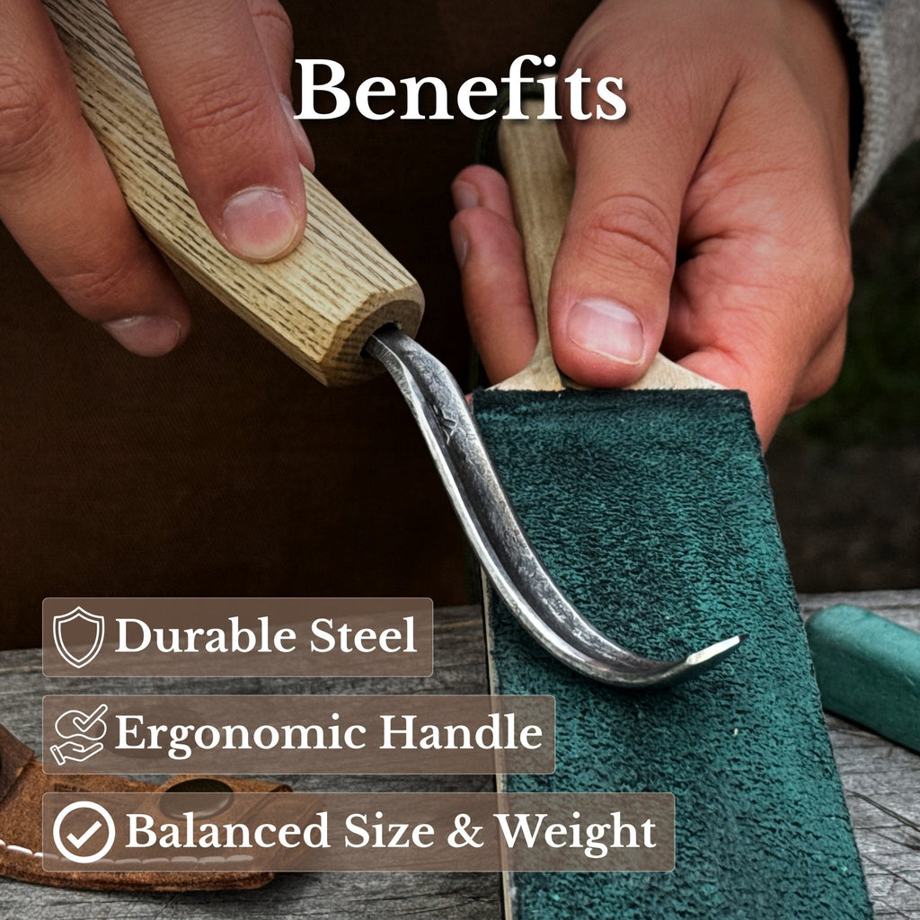 Spoon Carving Hook Knife with long curved blade and ergonomic wood handle - Sharky Forged Steel Tools