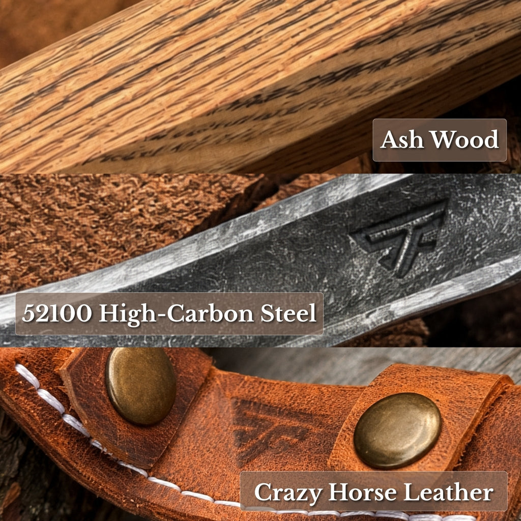 52100 High-Carbon Steel spoon carving hook knife with ash wood handle and crazy horse leather - Relic & Reel