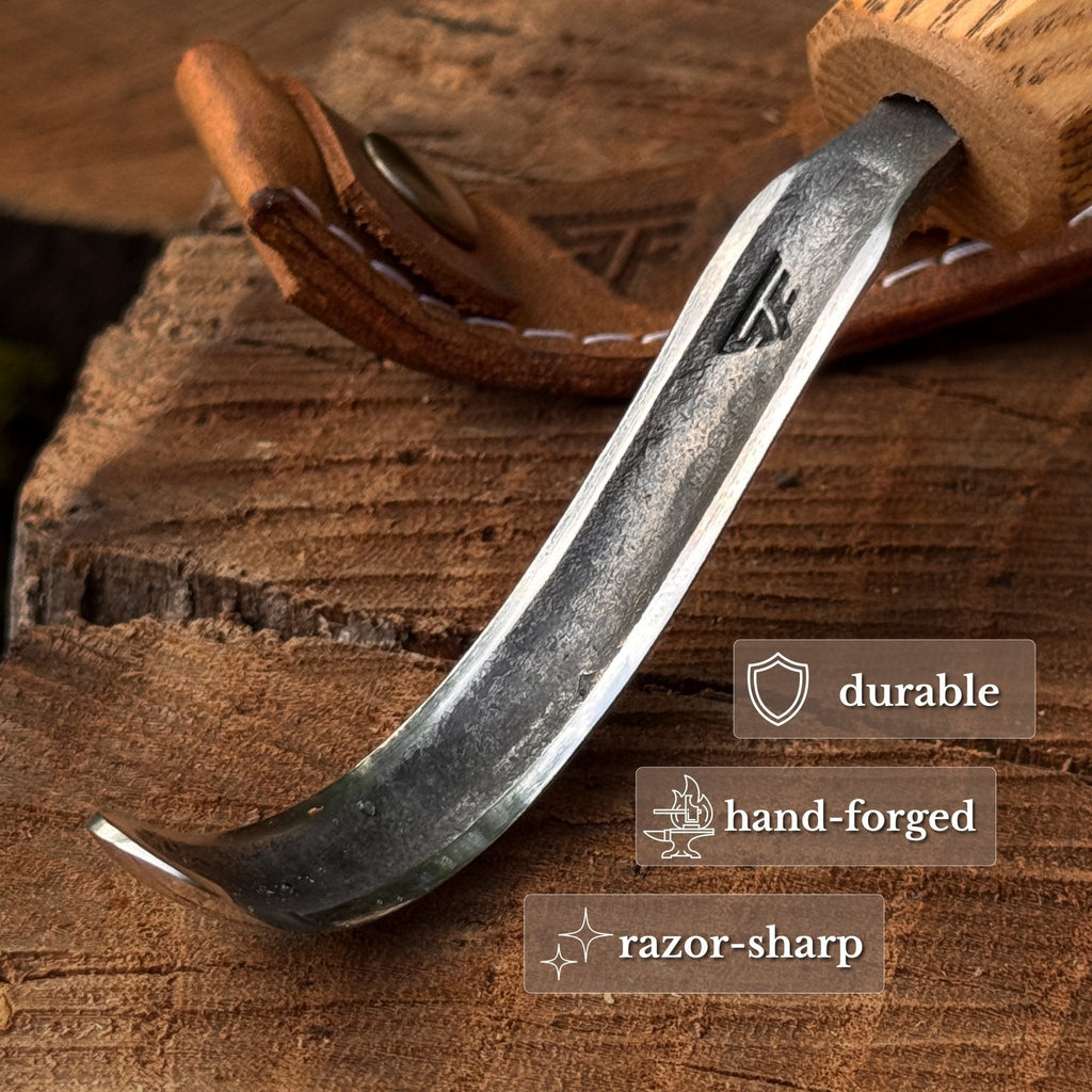 Sharky Forged Steel Tools spoon carving hook knife with long curved blade - Relic & Reel