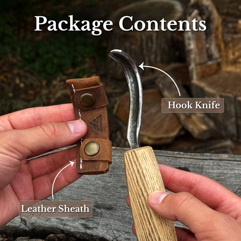 Spoon carving hook knife with long curved blade and leather sheath - Relic & Reel