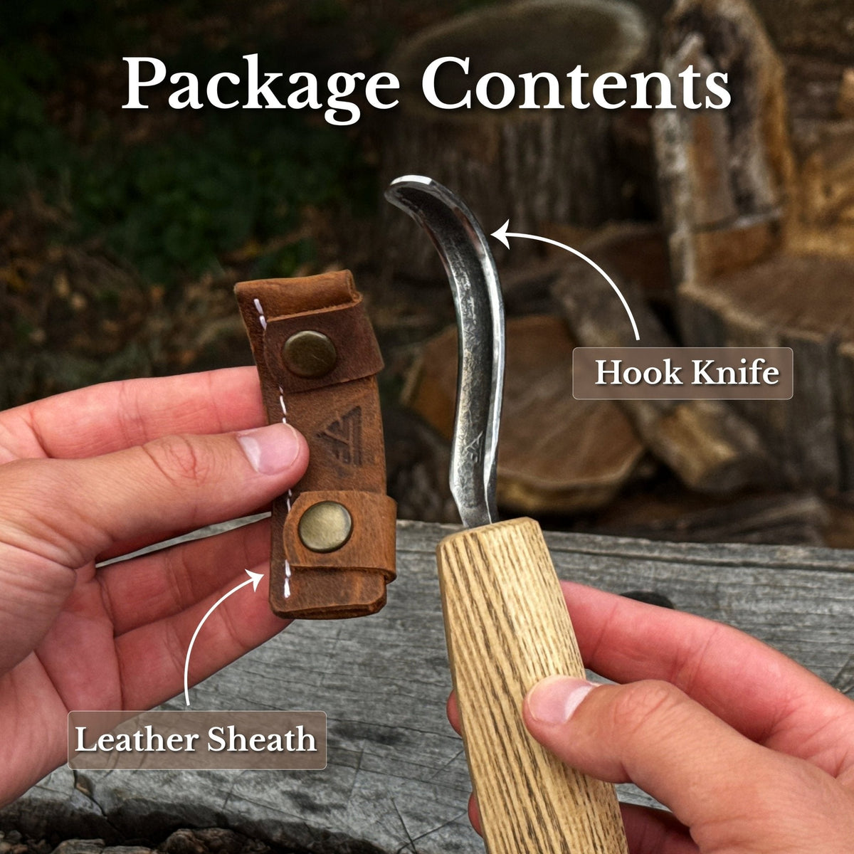 Spoon carving hook knife with long curved blade and leather sheath - Relic & Reel
