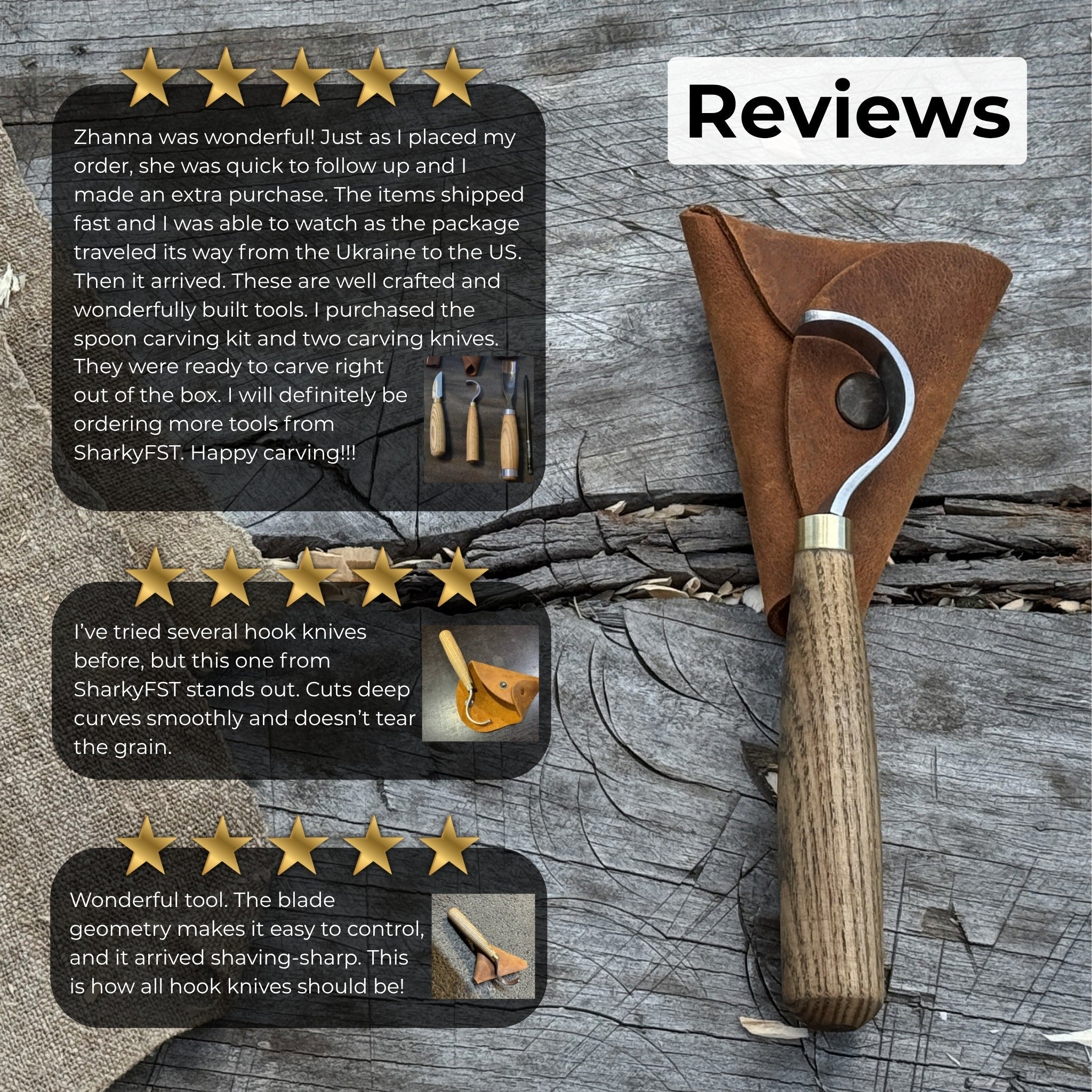 Spoon Carving Hook Knife with Leather Sheath, 3.5 cm (1.38 inches)