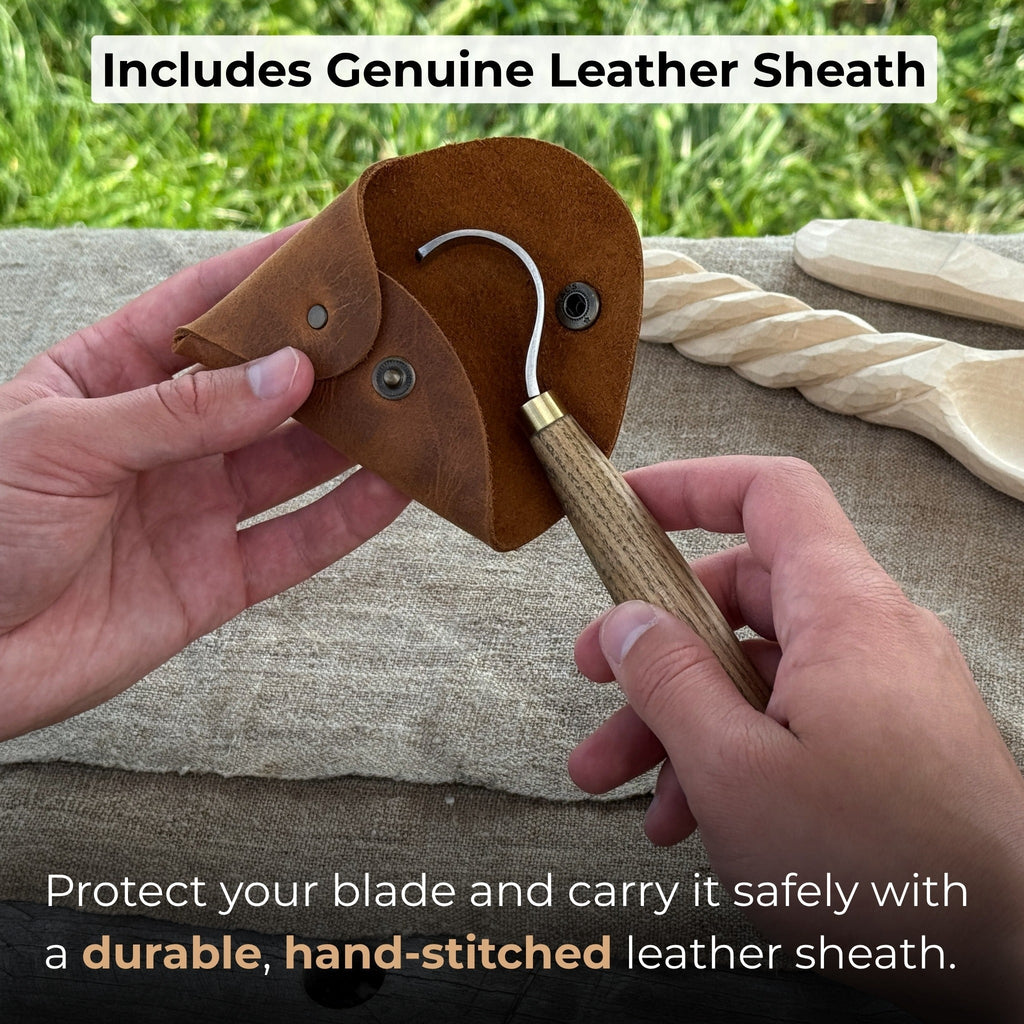 Spoon Carving Hook Knife with Leather Sheath, 3.5 cm (1.38 inches)