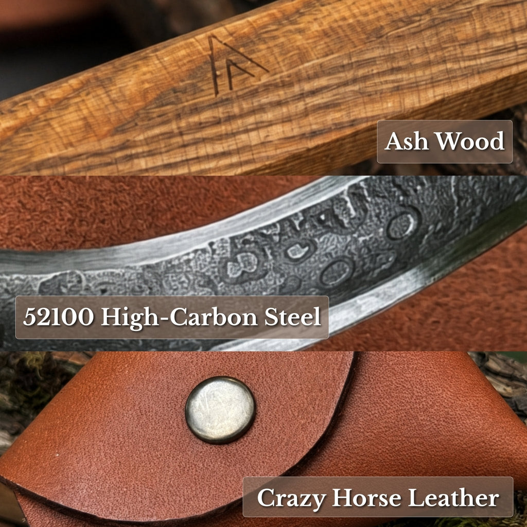 Spoon Carving Hook Knife with 52100 high-carbon steel and ash wood handle - Relic & Reel