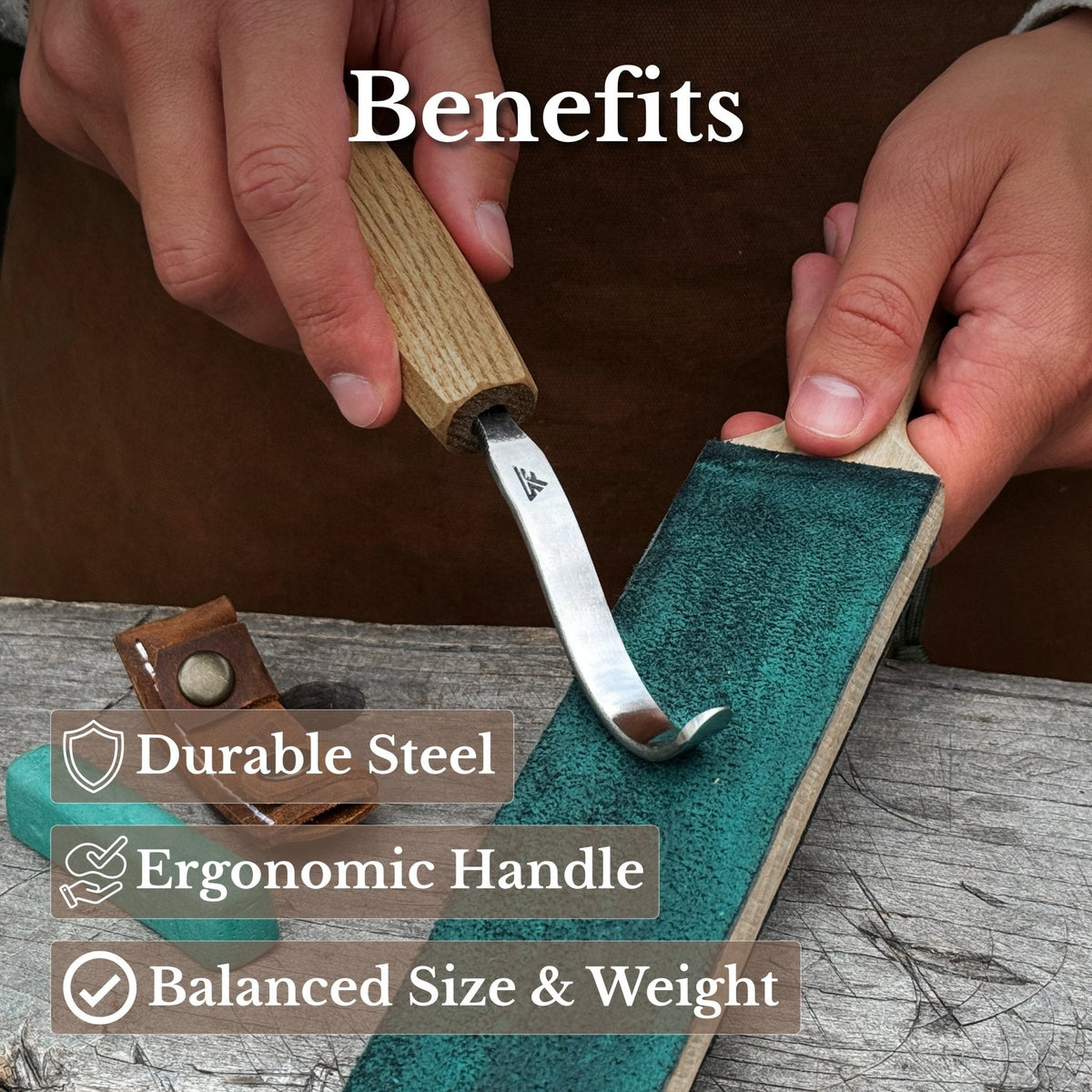 Spoon Carving Hook Knife with Octagonal Handle, 7.5 cm (3 inches), with Leather Sheath