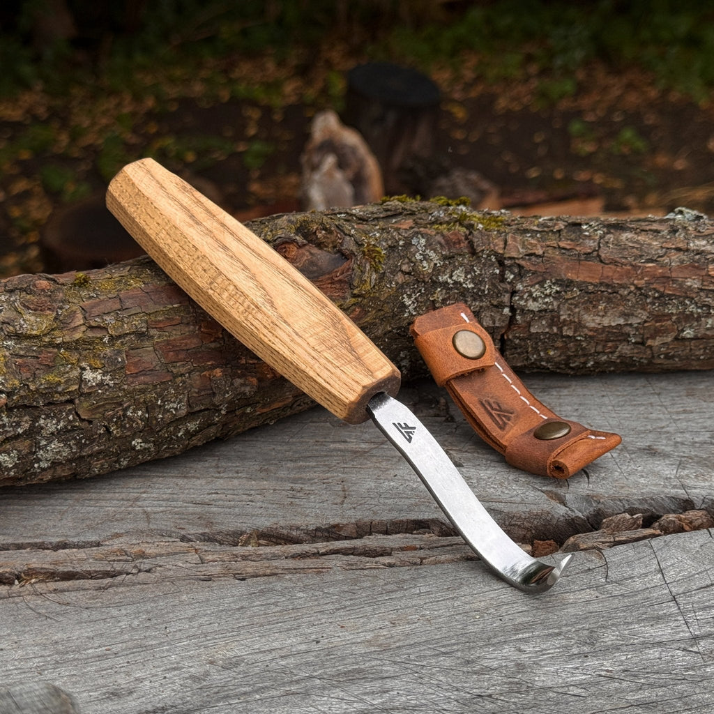 Spoon Carving Hook Knife with Octagonal Handle, 7.5 cm (3 inches), with Leather Sheath