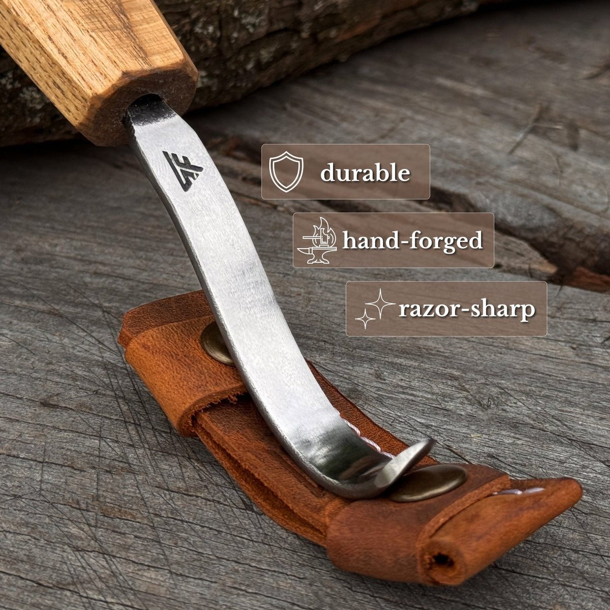Spoon Carving Hook Knife with Octagonal Handle, 7.5 cm (3 inches), with Leather Sheath