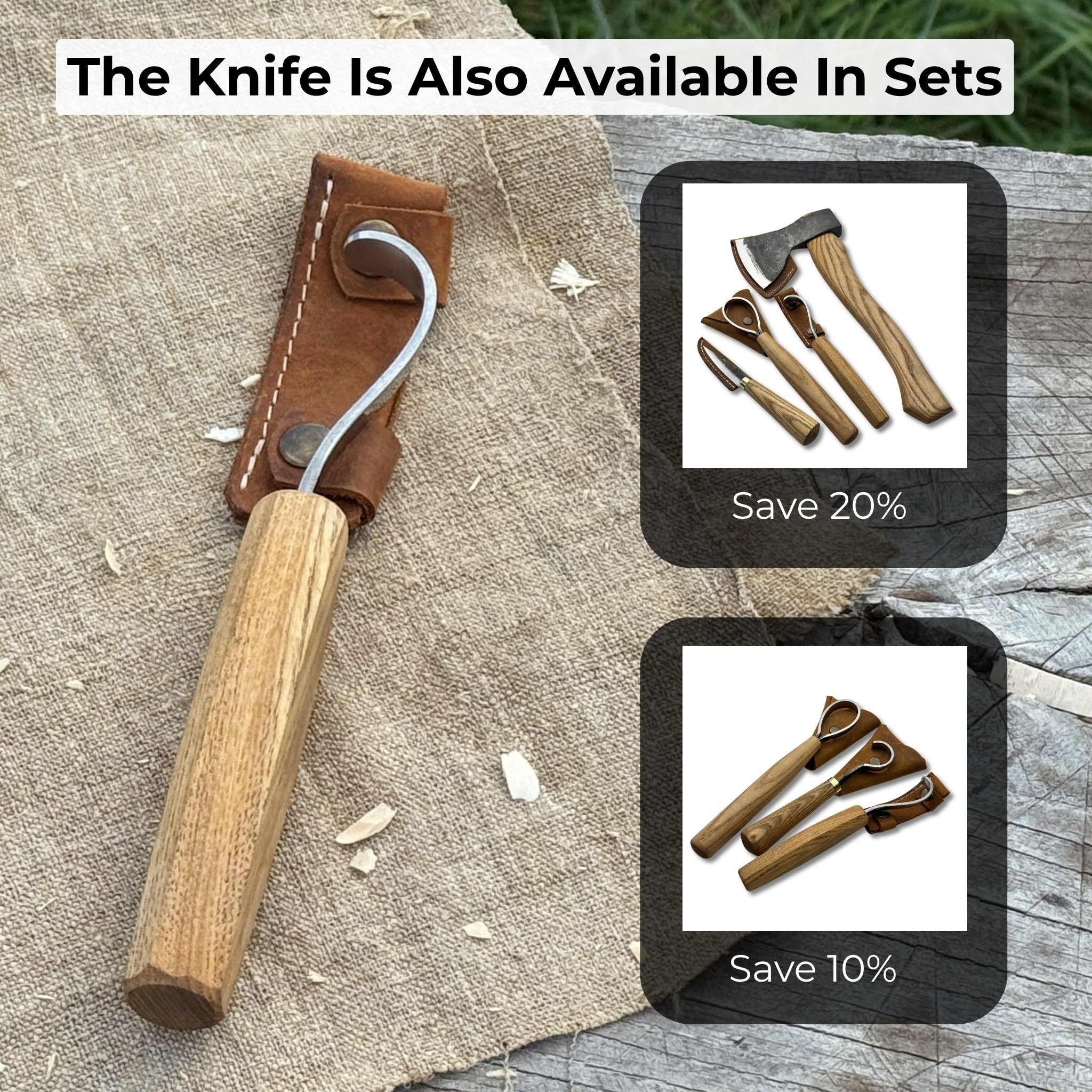 Spoon Carving Hook Knife with Octagonal Handle, 7.5 cm (3 inches), with Leather Sheath