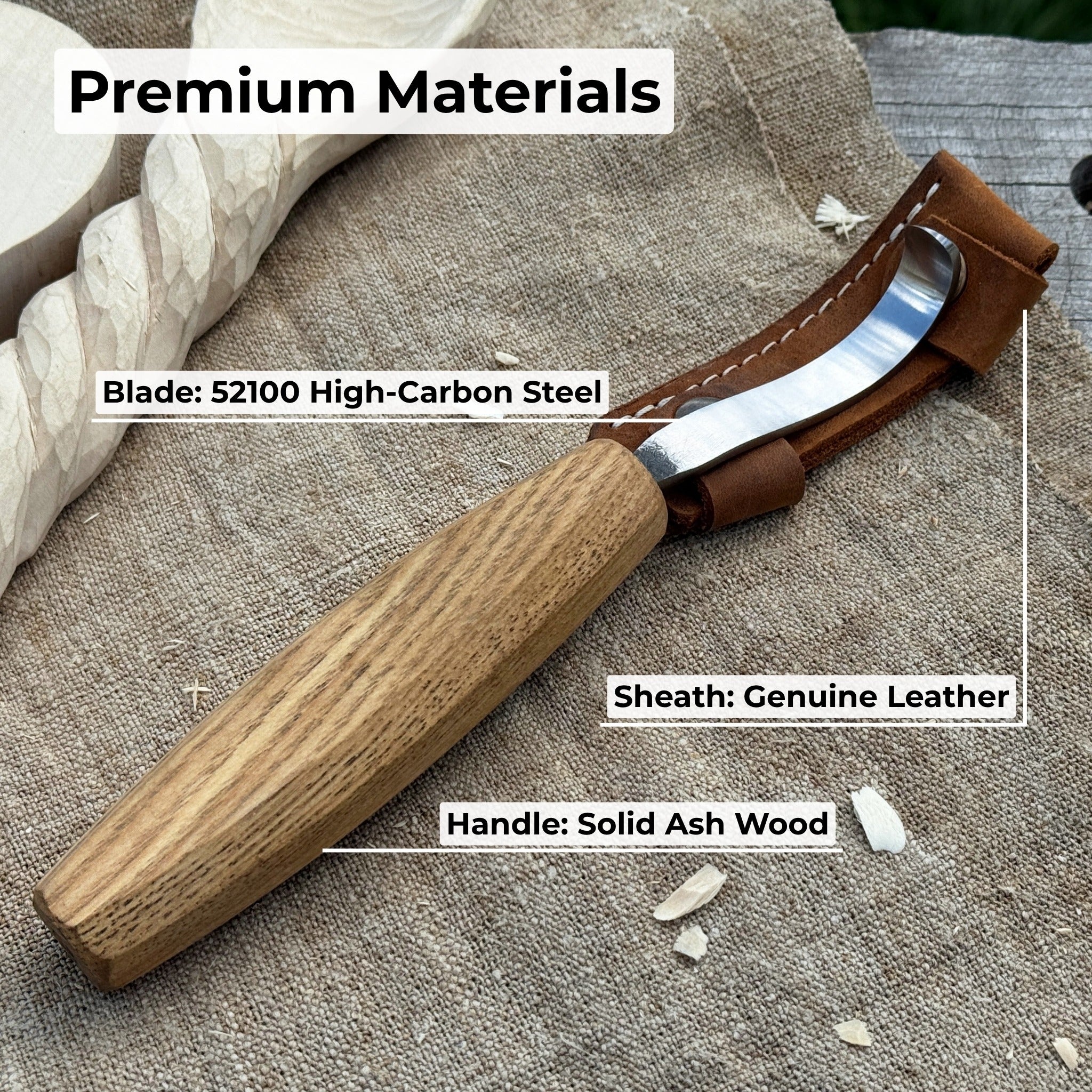 Spoon Carving Hook Knife with Octagonal Handle, 7.5 cm (3 inches), with Leather Sheath