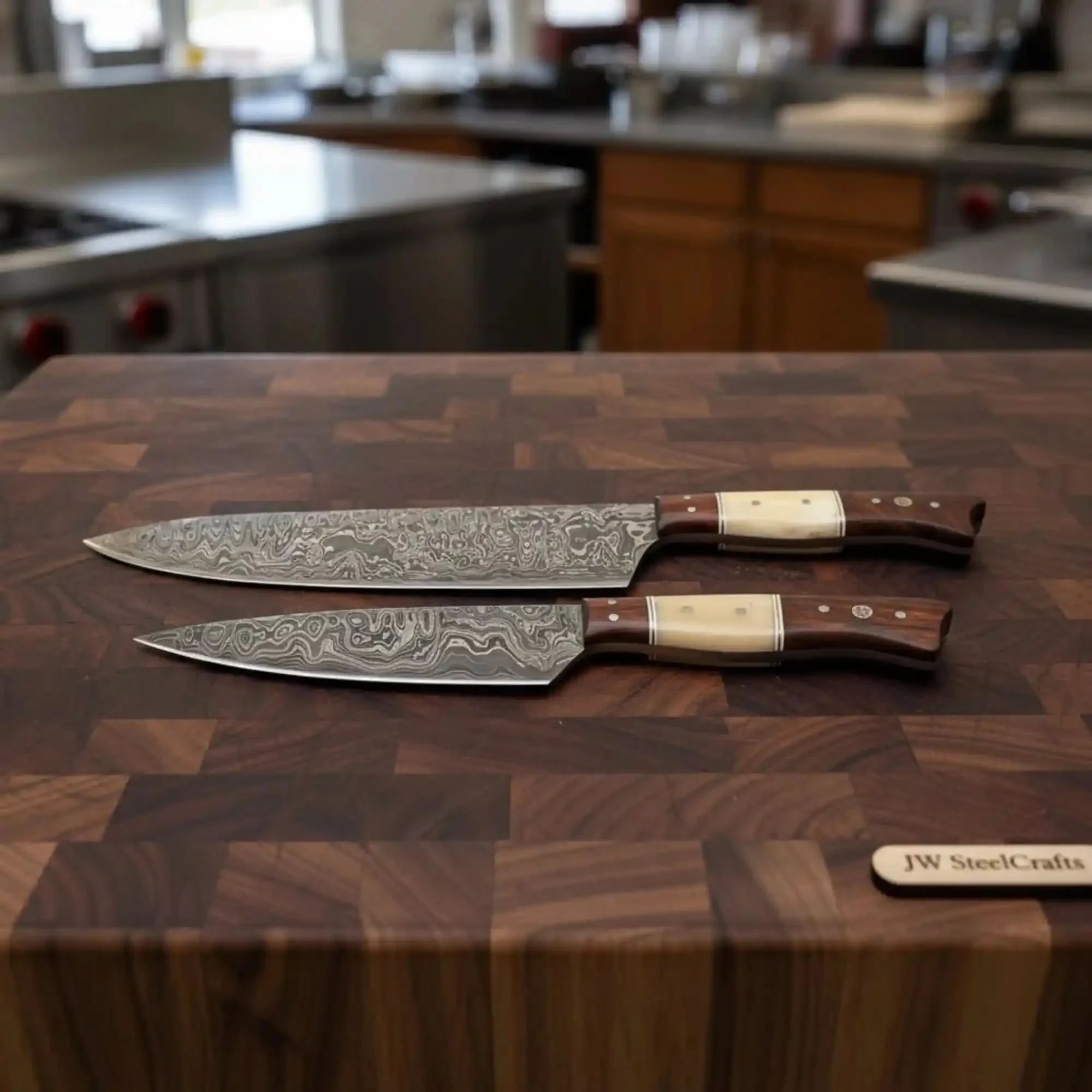 2-Piece Raindrop Damascus Carving & Utility Knife Set — 11" Blades with Bone and Rosewood Handles