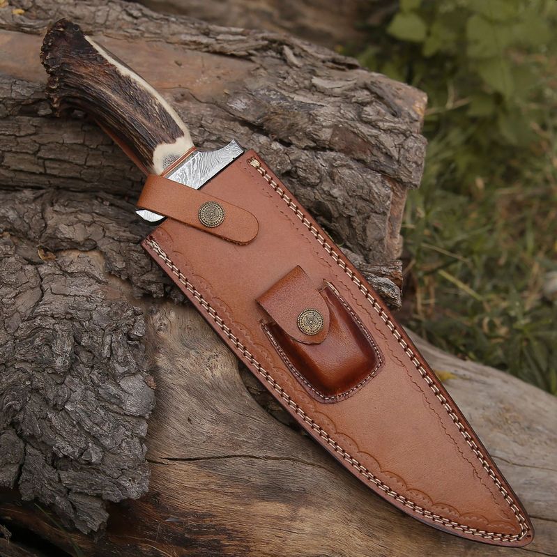 Damascus Stag Bowie Knife with Leather Sheath