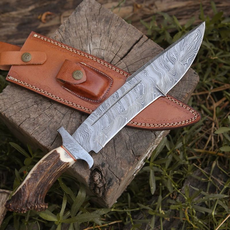 Damascus Stag Bowie Knife with Leather Sheath