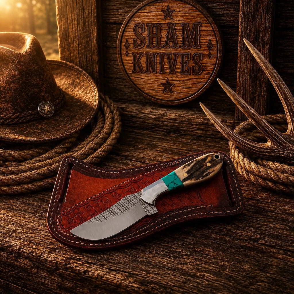 Western cowboy knife with a stag handle and rasp steel blade, featuring a cross-draw sheath by SHAM KNIVES.
