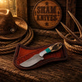 Western cowboy knife with a stag handle and rasp steel blade, featuring a cross-draw sheath by SHAM KNIVES.