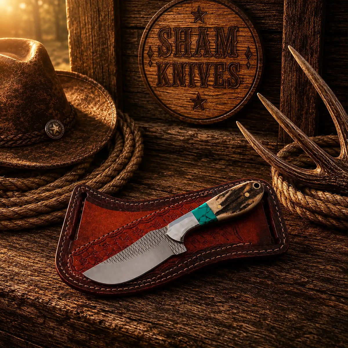 Western cowboy knife with a stag handle and rasp steel blade, featuring a cross-draw sheath by SHAM KNIVES.