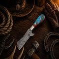 Handmade Damascus Steel Bull Cutter Knife with epoxy resin handle by SHAM KNIVES, featuring a durable and detailed design.