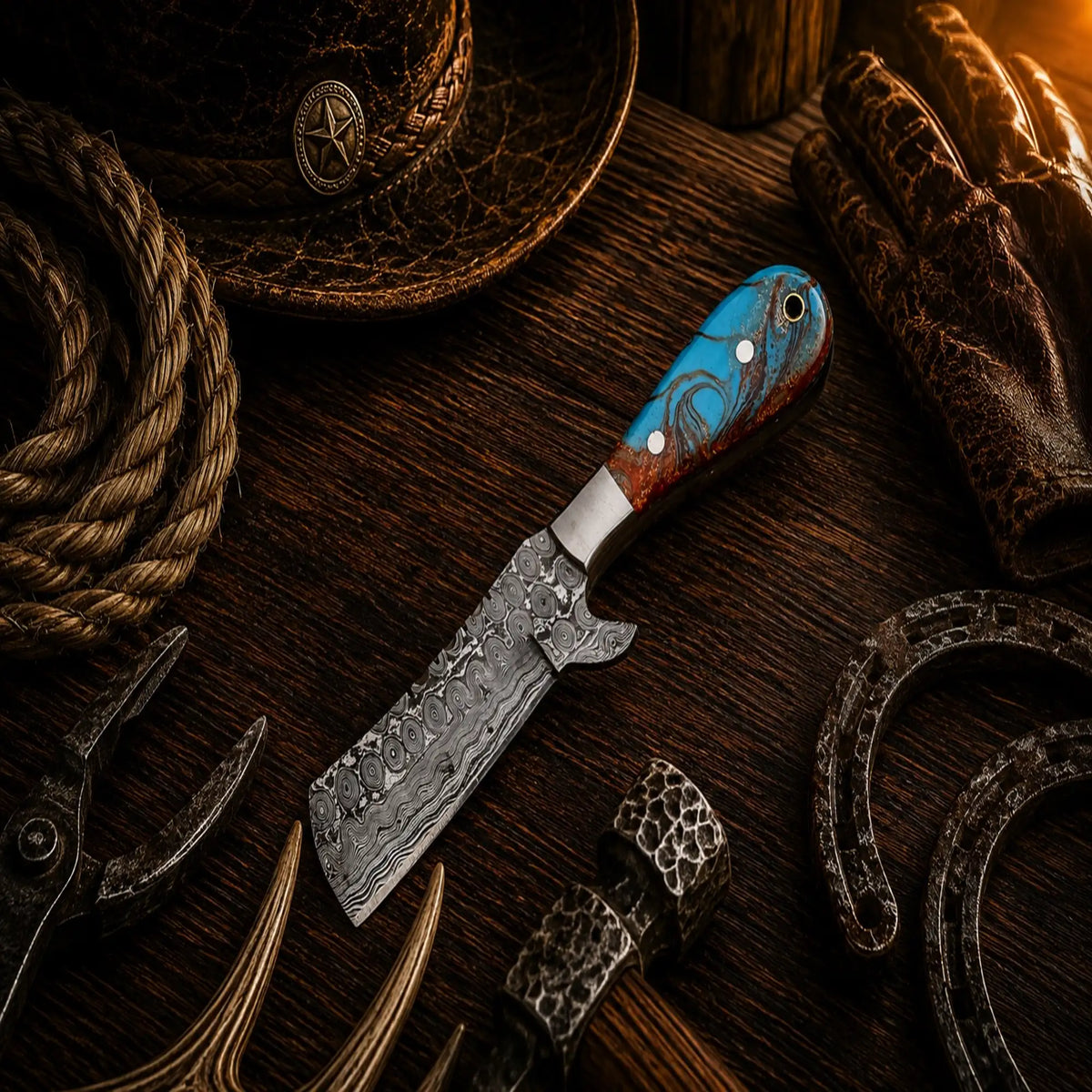 Handmade Damascus Steel Bull Cutter Knife with epoxy resin handle by SHAM KNIVES, featuring a durable and detailed design.