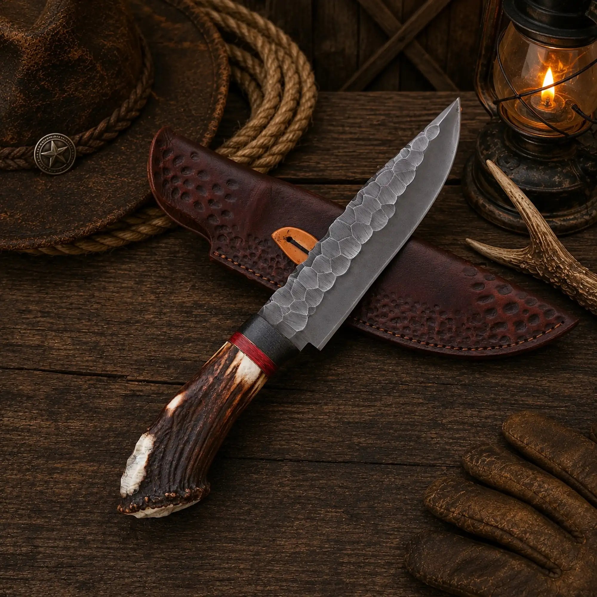 Stoneforge Viking Bowie Knife with 1095 carbon steel blade and stag horn handle, crafted by SHAM KNIVES.