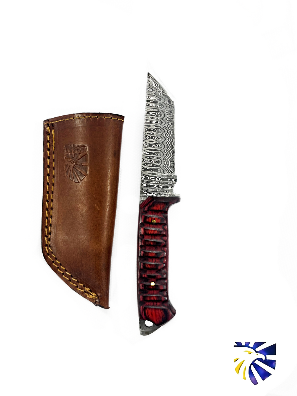 Titan International K Titan Diver EDC knife with Damascus steel blade and cherry wood handle, featuring a tanto-style blade.