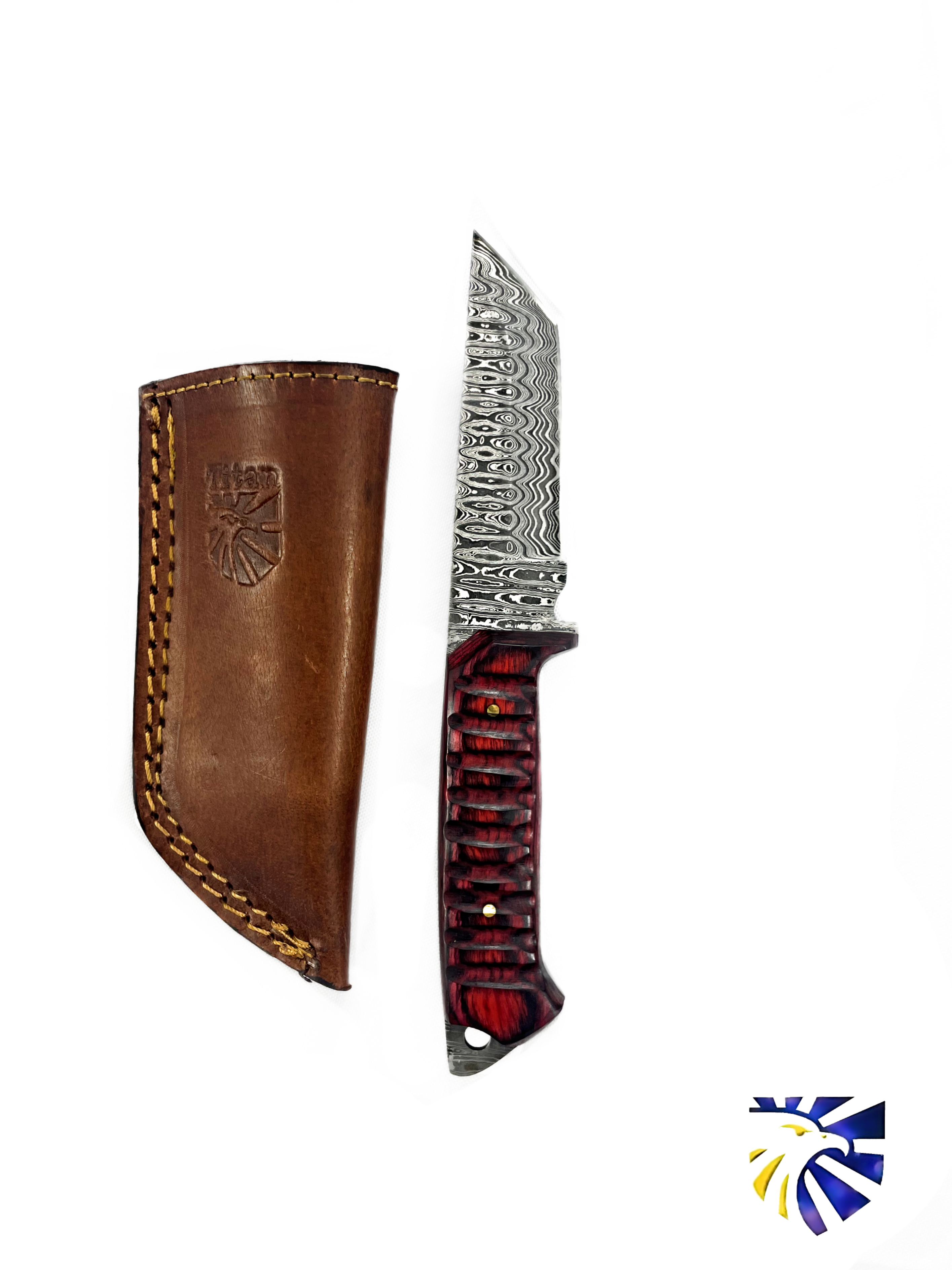 Titan International K Titan Diver EDC knife with Damascus steel blade and cherry wood handle, featuring a tanto-style blade.