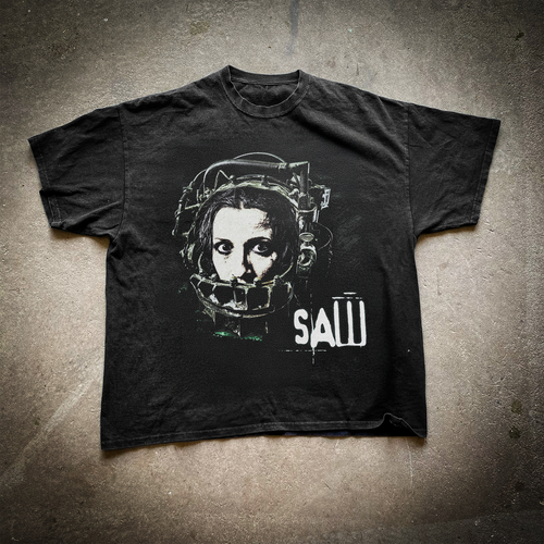 Black vintage washed T-shirt from Parallel featuring the "Reverse Beartrap" design inspired by the Saw movie series.