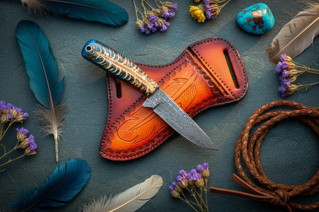 Western Ranch Knife – Damascus Steel & Blue Pine Cone Resin Handle with Leather Sheath