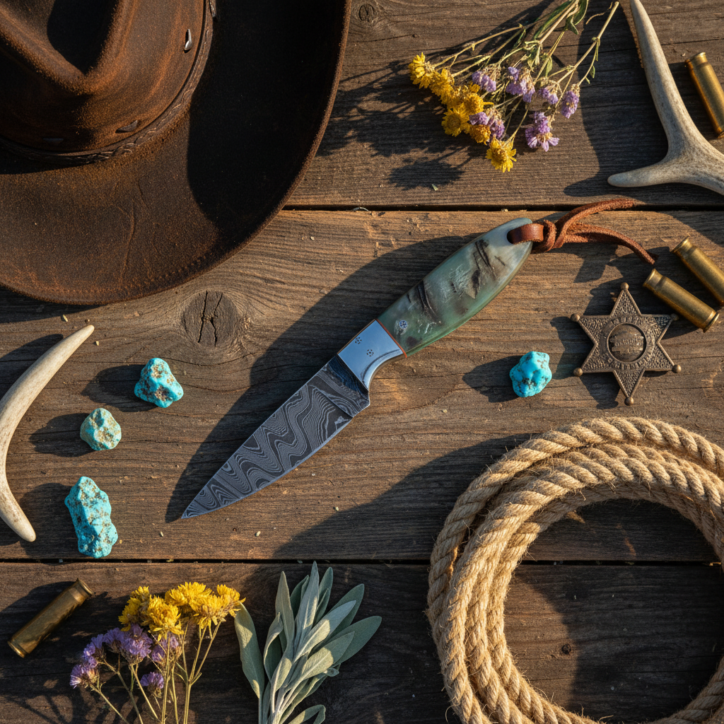 Compact Damascus Ranch Knife – Sheep Horn Handle & Steel Bolster with Leather Sheath