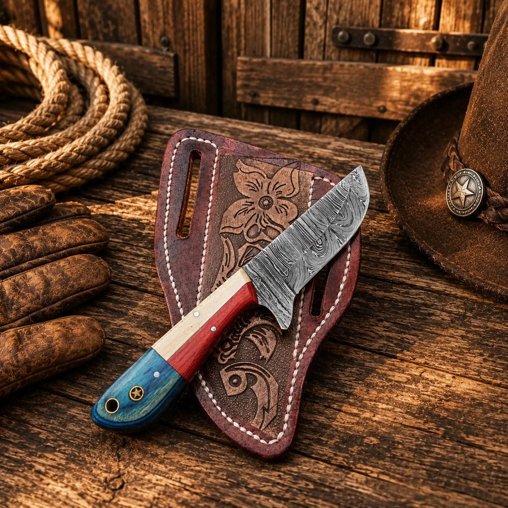 Texas Ranch Field Knife – Damascus Steel Blade with Back Belt Sheath