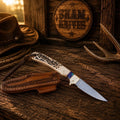 SHAM KNIVES Toothpick Buckaroo Knife with 4-inch D2 steel blade, stag and resin handle, compact and stylish pocket knife.