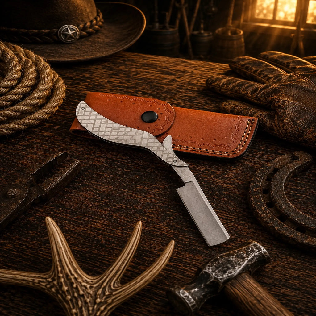 SHAM KNIVES Heritage Barber Straight Razor with D2 Steel blade, foldable design, shown with leather sheath for grooming and shaving.