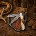 SHAM KNIVES Trapper Pocket Knife with Damascus blades and antler horn handle, folding knife for outdoor and everyday use