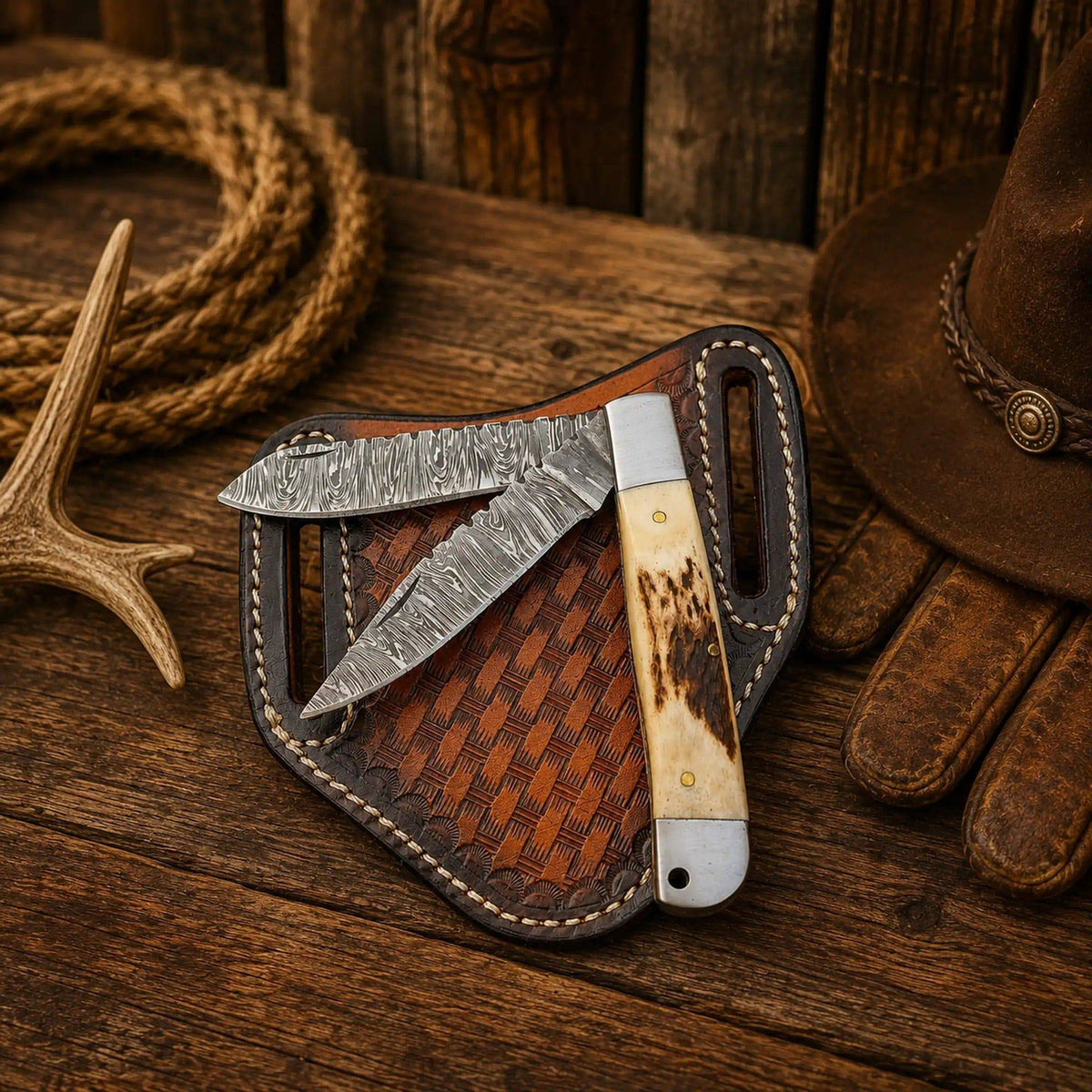 SHAM KNIVES Trapper Pocket Knife with Damascus blades and antler horn handle, folding knife for outdoor and everyday use