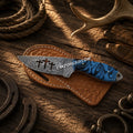 Trio Cross Cowboy Hunting Knife – 4″ Damascus Blade & Blue Resin Handle