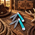 Turquoise Damascus Trapper Folding Knife – Double Blade & Leather Sheath