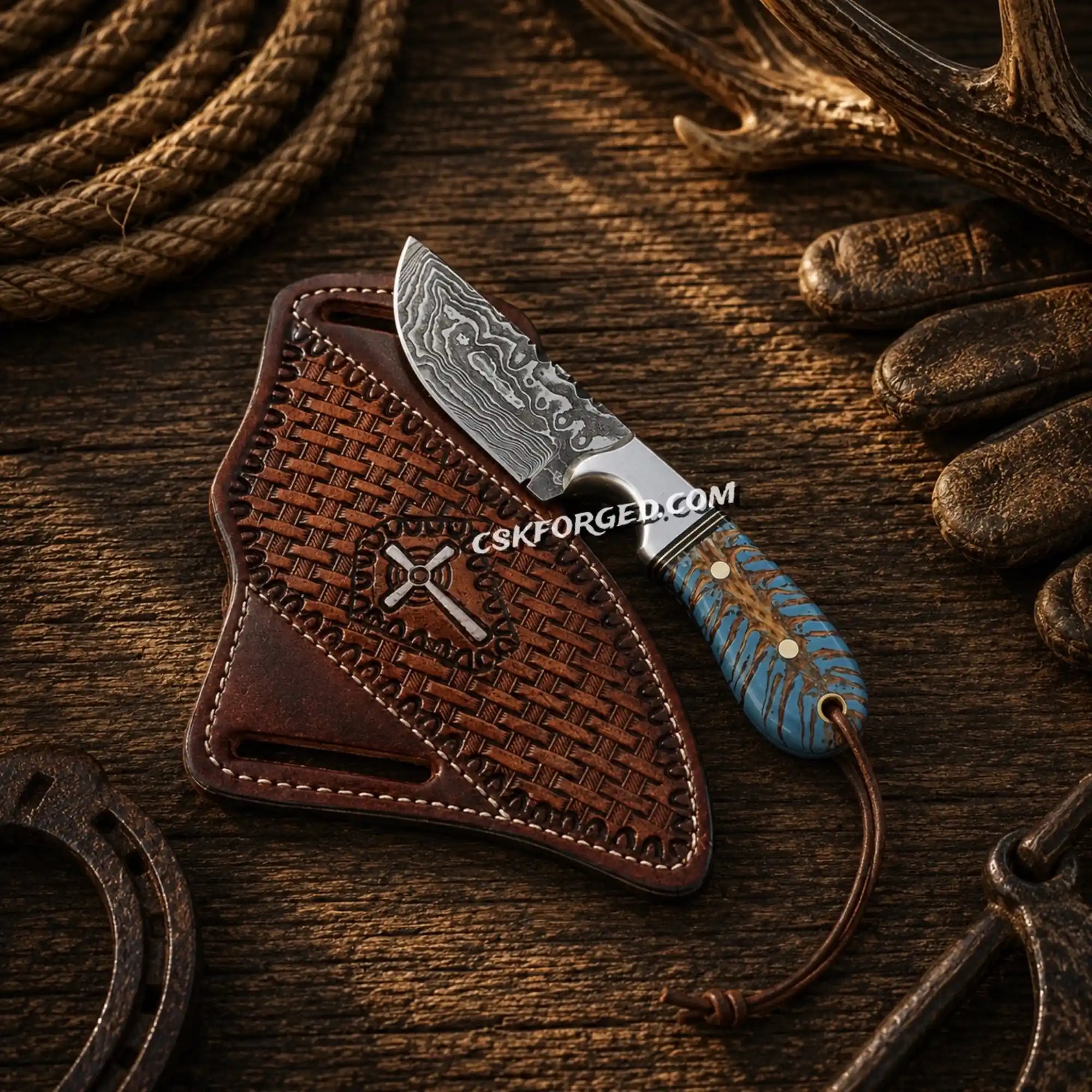 Turquoise Trail Buckaroo Knife – 3.75” Damascus Steel Pine Cone Handle
