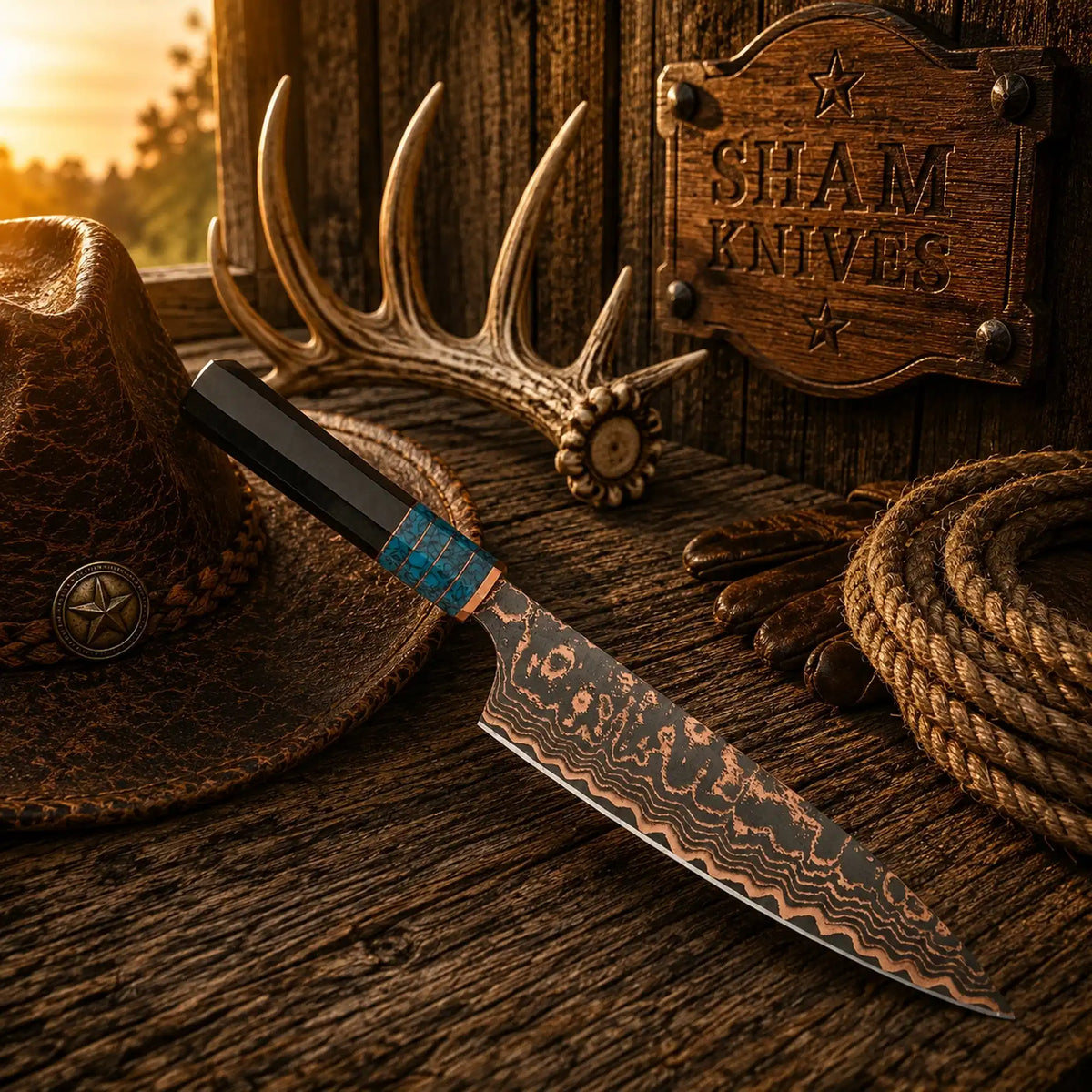 Turquoise Trail 13" Copper Damascus Gyuto Chef Knife with Resin Handle - SHAM KNIVES
