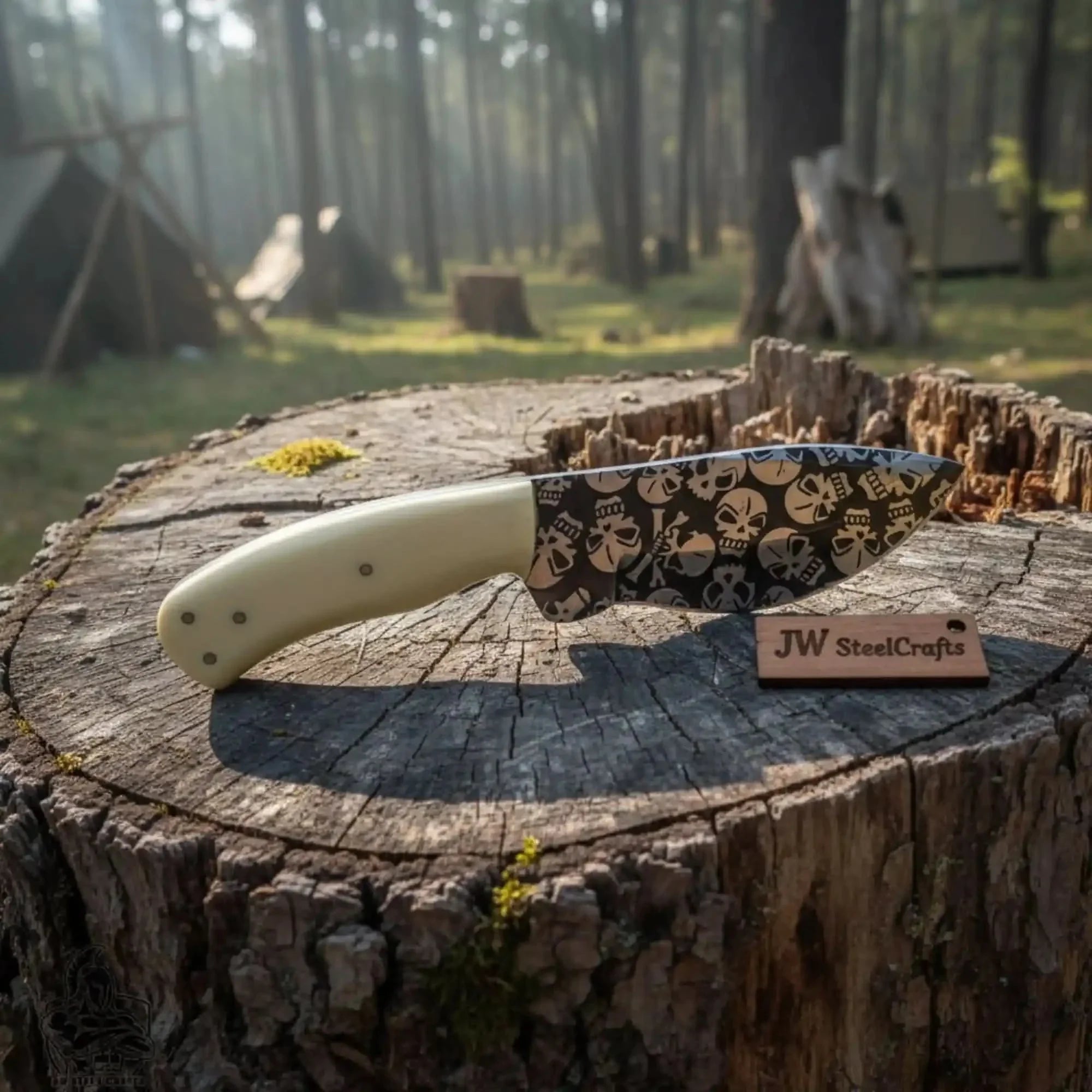 Damascus Skinner Knife White Resin Handle 7”