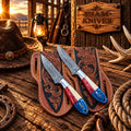 Custom Damascus Cowboy Skinner Knife Set – USA Flag Handles & Sheaths