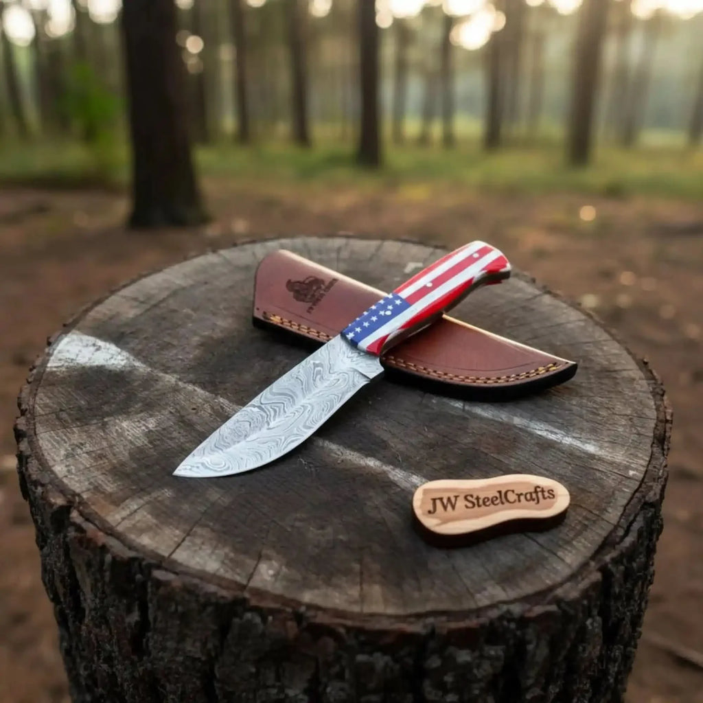 Damascus Steel USA Flag Outdoor Knife Wave Pattern Blade, American Flag Resin Handle