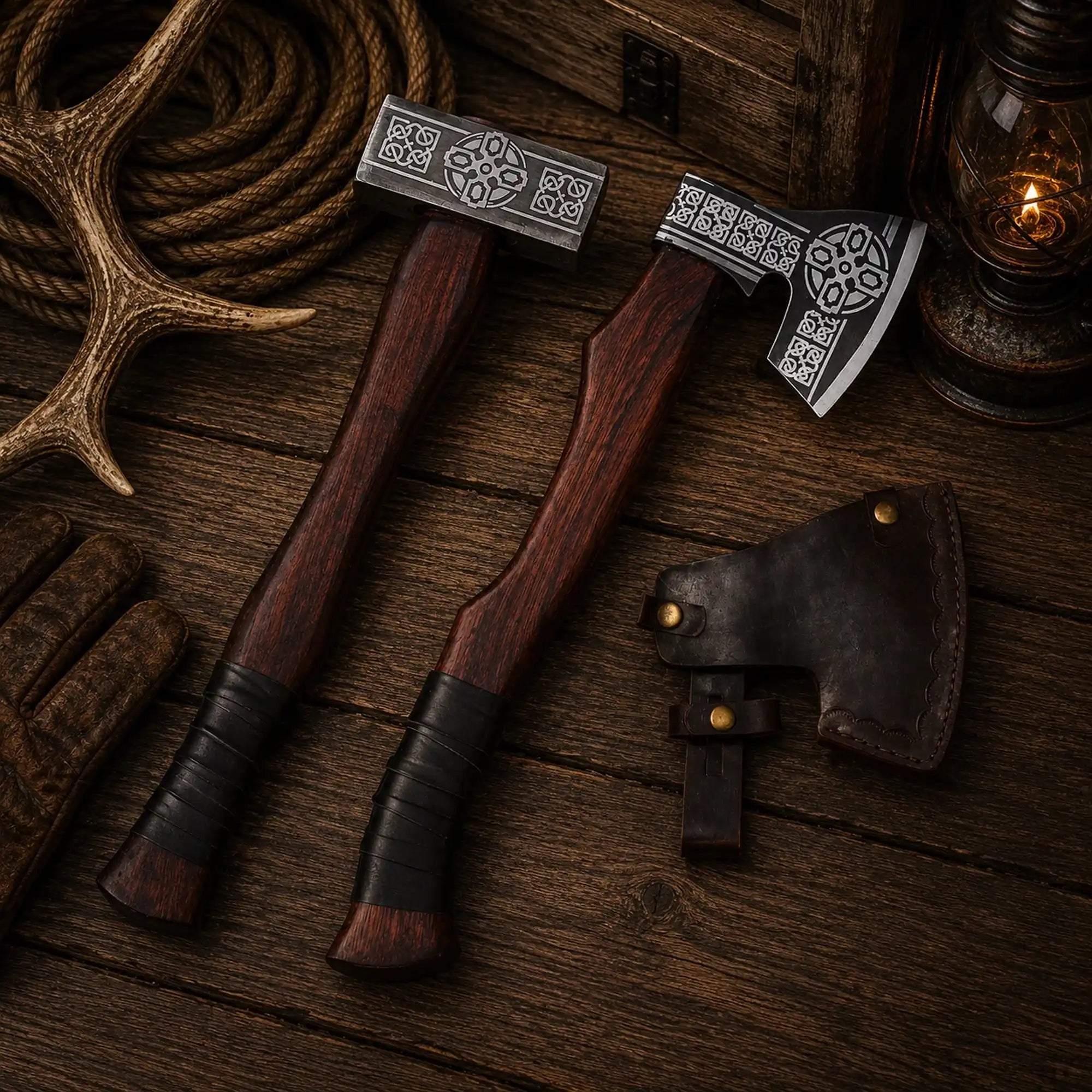 Valhalla Viking Axe & Hammer Set – 1075 Steel & Rosewood Handles