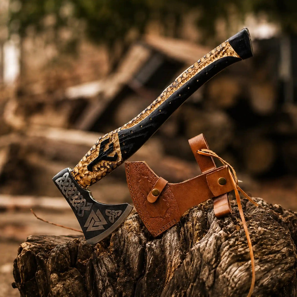 Valknut Viking Axe – Hand-Forged 1075 Steel Bearded Axe, Carved Ash Handle